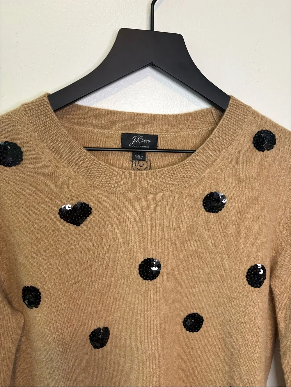 J. Crew Tan Polka Dot Heart Sequin Cashmere Sweater Size Medium